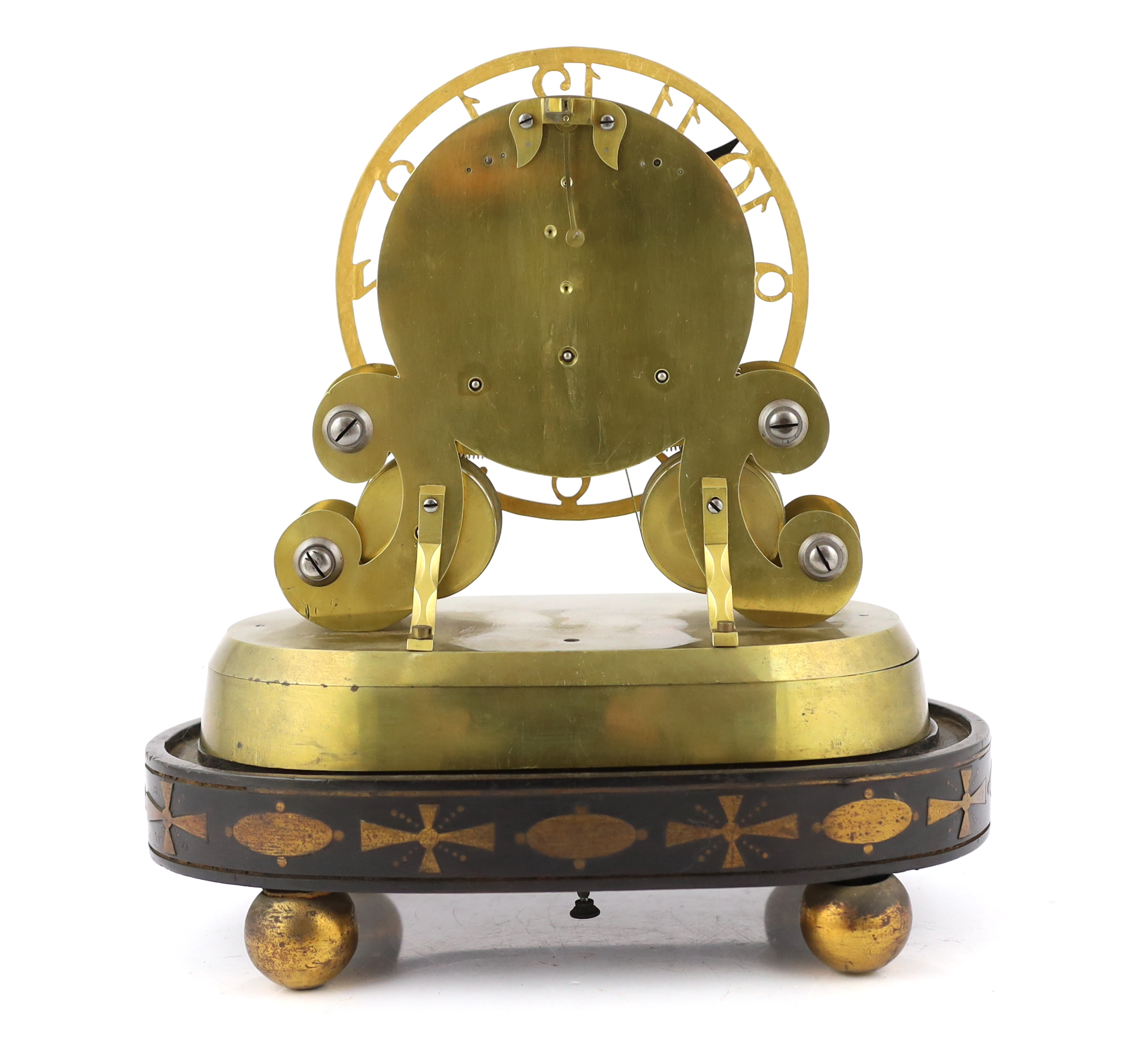 John Pace, Bury St. Edmunds, c.1850, a rare mid 19th century eight day skeleton timepiece, 28cm wide, 17cm deep, 33cm high incl. dome